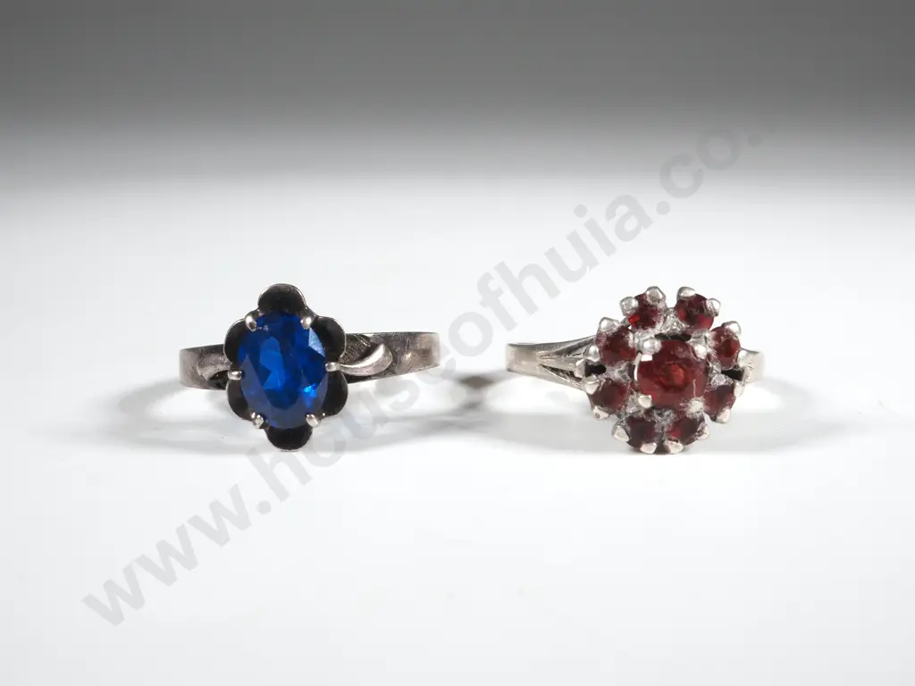 Two Sterling Silver Rings w Blue & Red Gems Image 1++