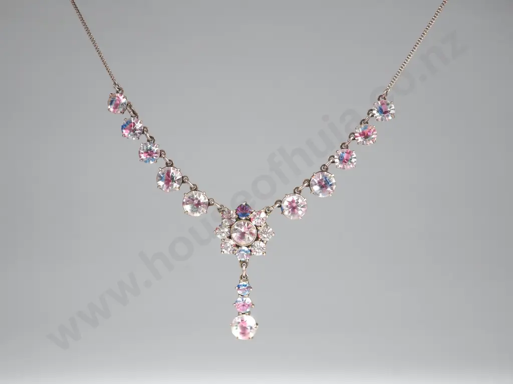 Edwardian Sterling Silver  Rainbow Crystal Necklace with Central Drop Pendant Image 1++