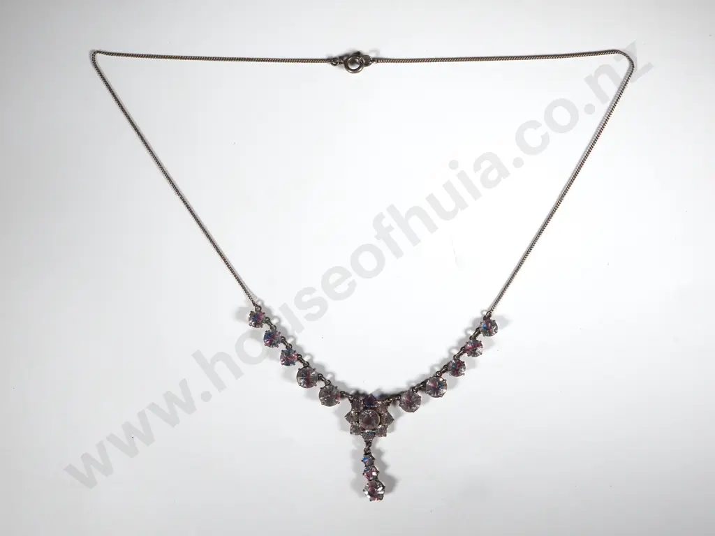 Edwardian Sterling Silver  Rainbow Crystal Necklace with Central Drop Pendant Image 1++