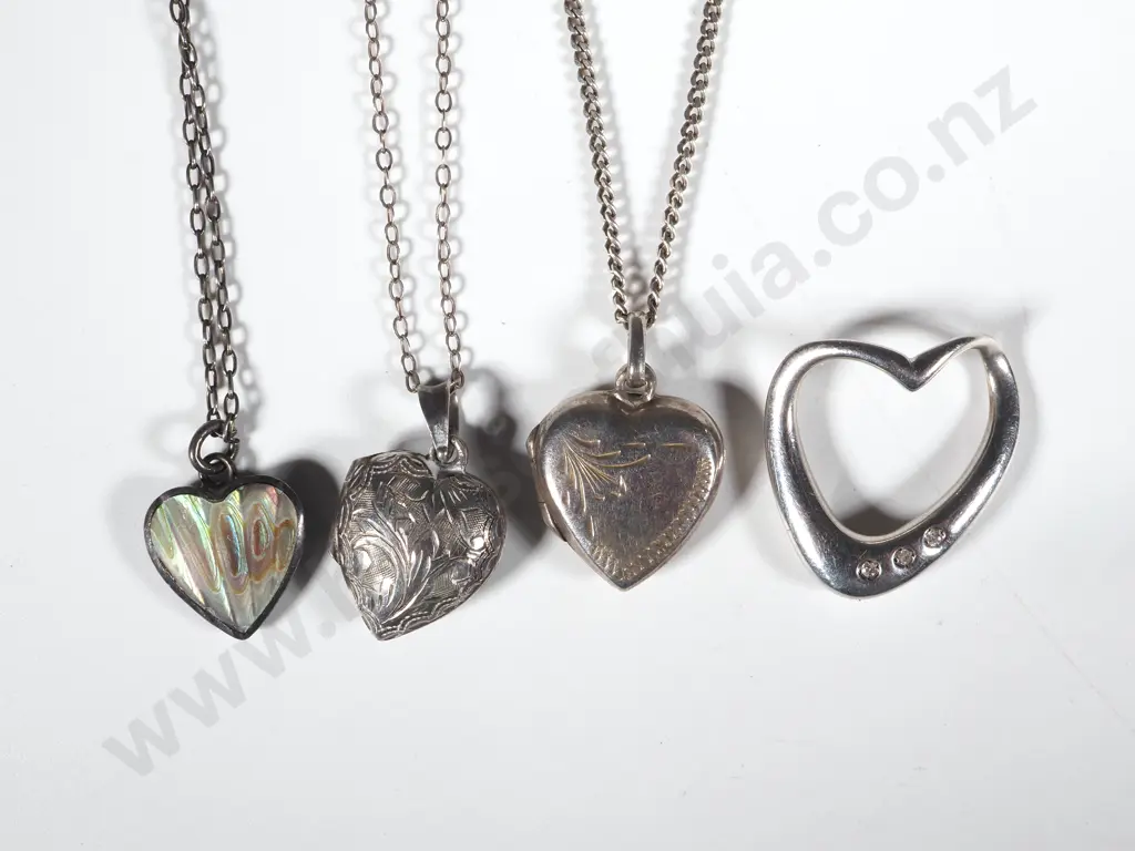 Two Sterling Silver Lockets, A Paua Shell & Silver Heart Shaped Pendant & a Sterling Silver Heart Shaped Modernist Penda Image 1++