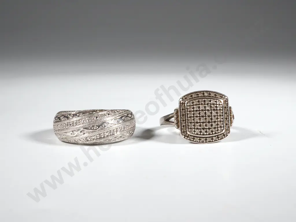 Pair Of Sterling Silver Dress Rings. One Vintage Marcasite  & The Other Dome Top Set with White Stones Image 1++