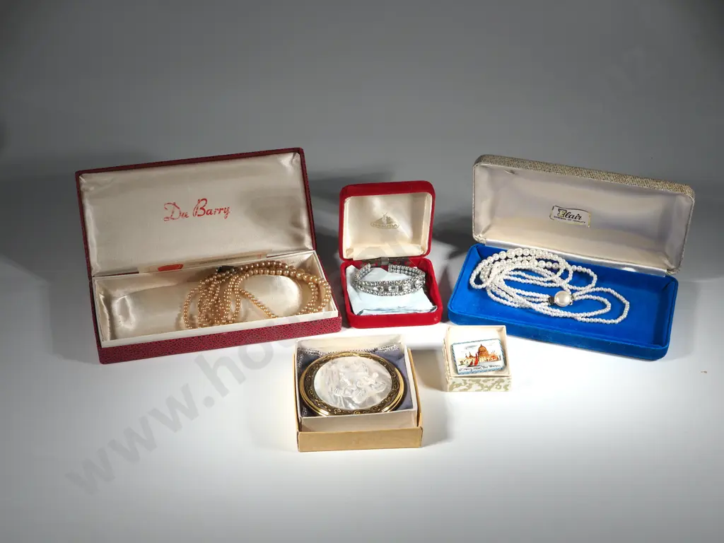 Collection Of Costume Jewellery To Include Two Pearl Necklaces, Mother Of Pearl Compact, Bracelet & Souvenir Brooch  Image 1++