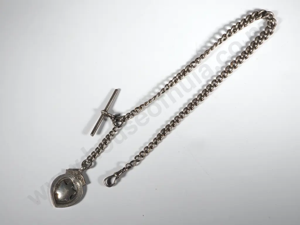 Sterling Silver Watch Chain with T Bar & Medallion  Image 1++