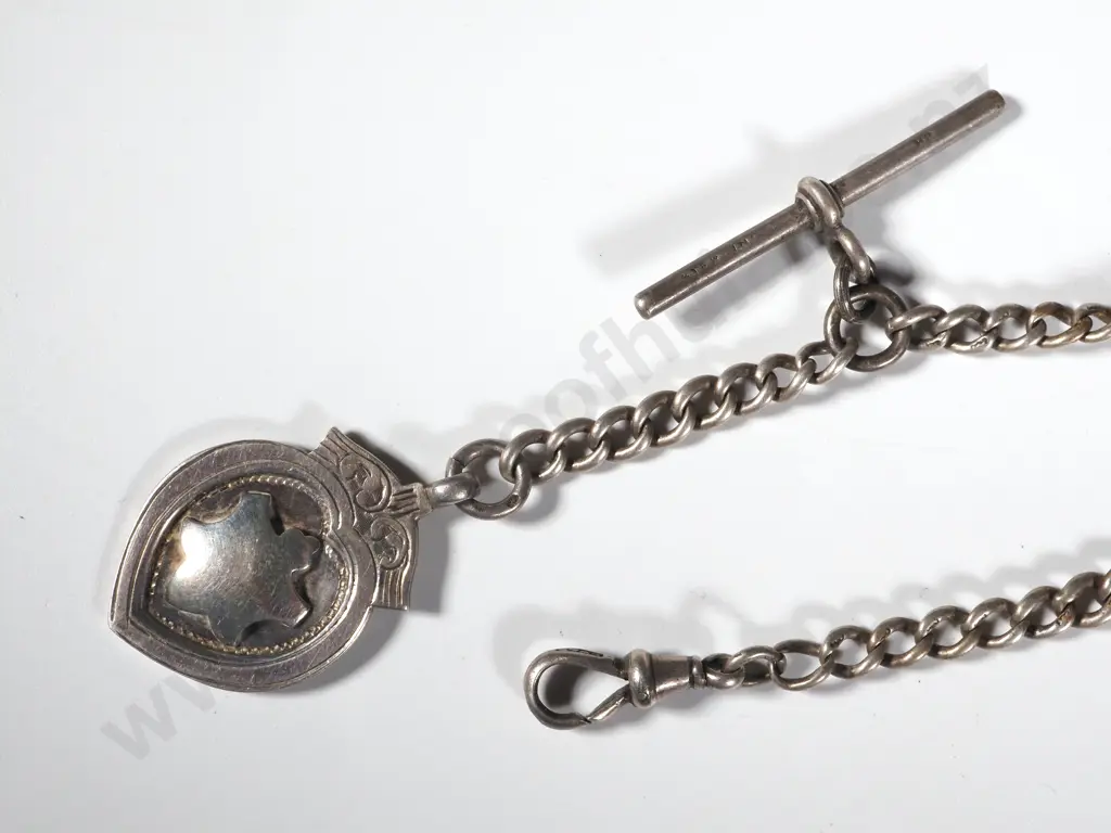 Sterling Silver Watch Chain with T Bar & Medallion  Image 1++