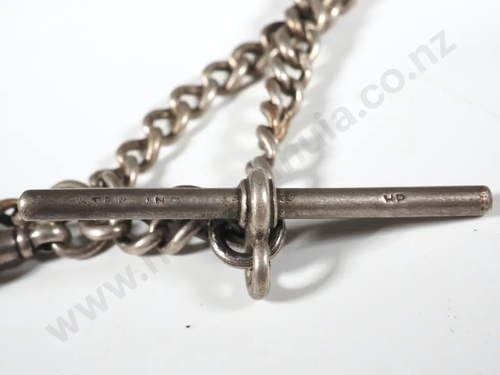 Sterling Silver Watch Chain with T Bar & Medallion  Image 1++