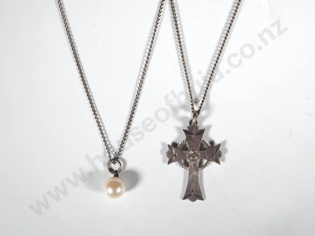 Sterling Silver Cross On Chain & A Pearl Pendant with Chain Image 1++