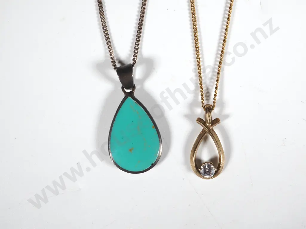 Sterling Silver Turquoise Tear drop Pendant On Chain  & A Silver Gilt Infinity Pendant with White Stone On Chain Image 1++