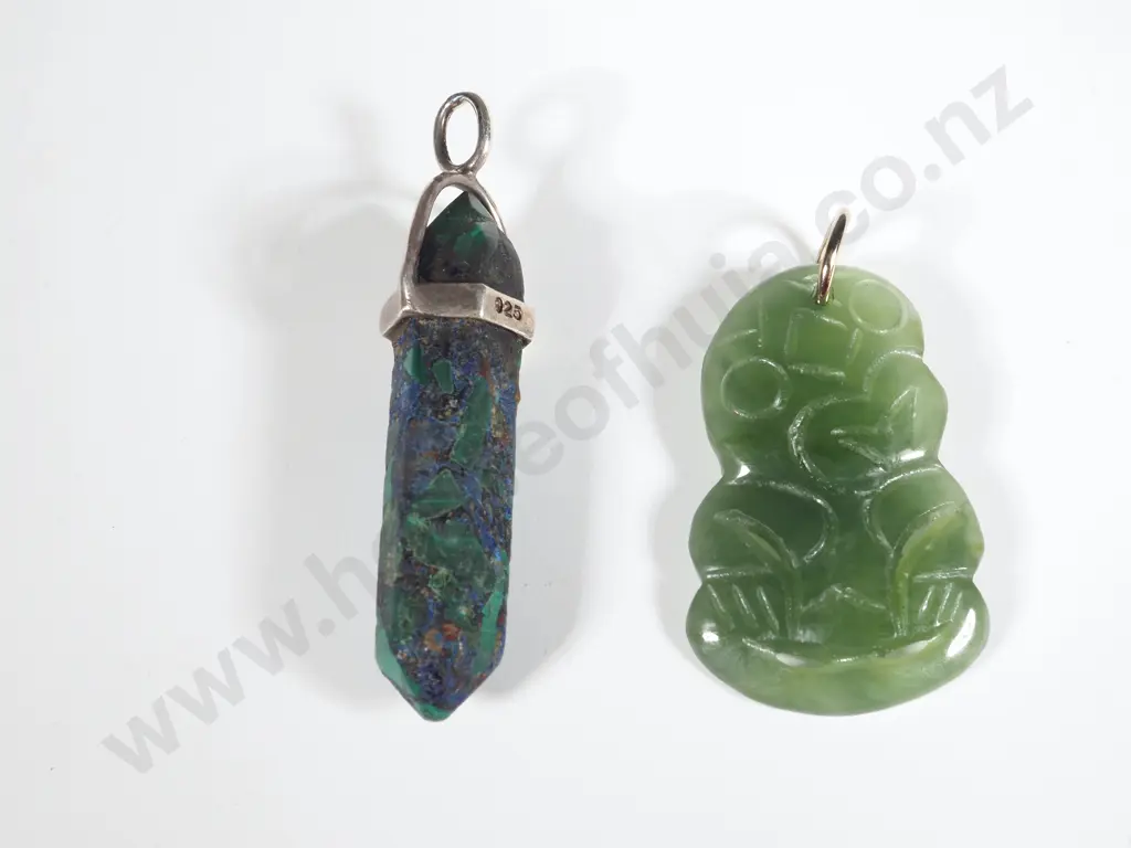 Greenstone Tiki Pendant & Malachite & Silver Pendant Image 1++