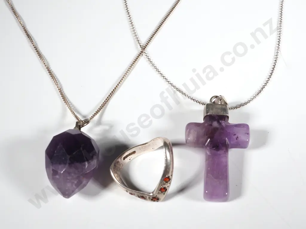 Amethyst Cross On Sterling Chain, Facetted Amethyst Pear Shaped Pendant On Chain & An Archer's Ring Set With Red Stones  Image 1++