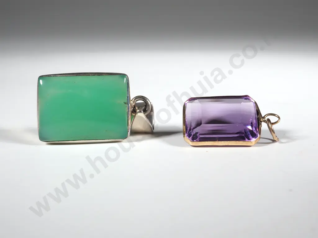 Small Rectangular  Amethyst Coloured  Stone In Gold Plated Surround & A Jade Coloured Pendant  Set In Sterling Silver Image 1++
