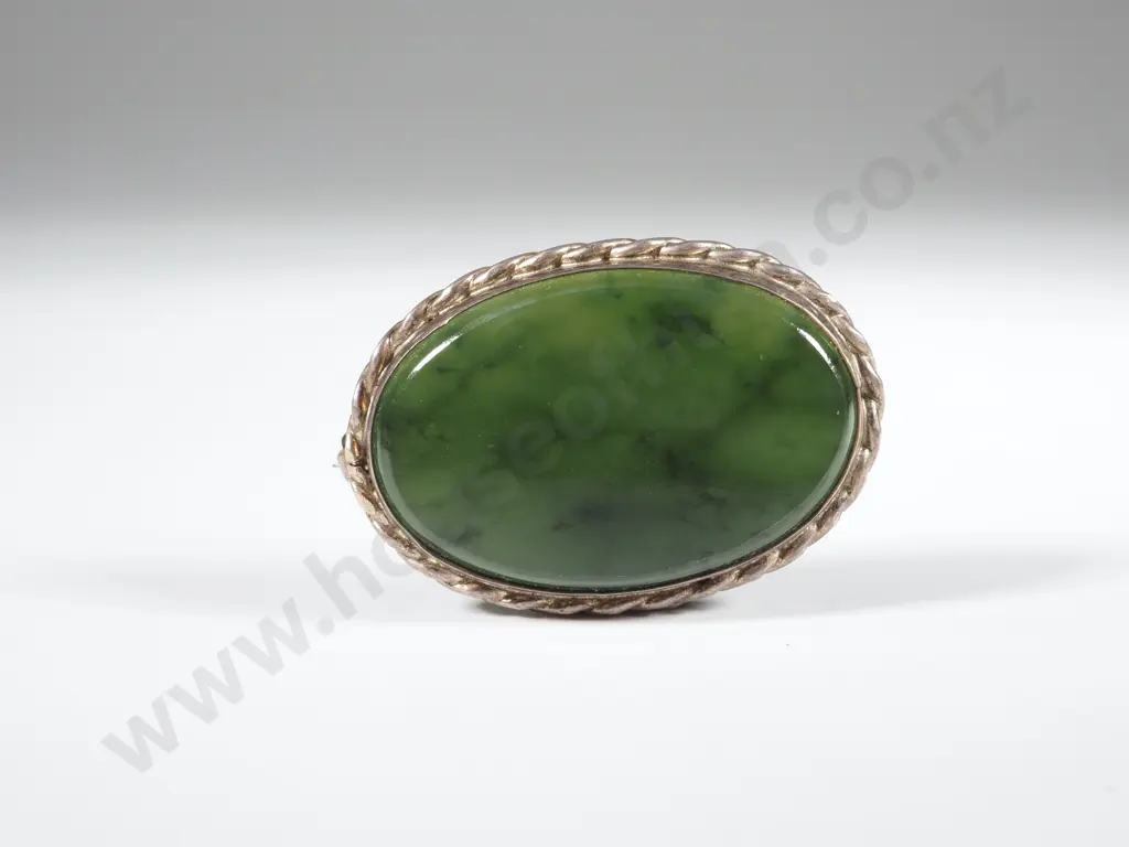 Oval Greenstone & Sterling Silver Brooch.  Image 1++