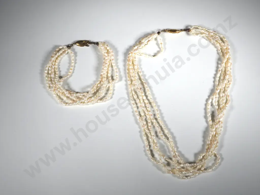 Freshwater Pearl Five Strand Necklace & Bracelet with A Giilded Clasp Image 1++