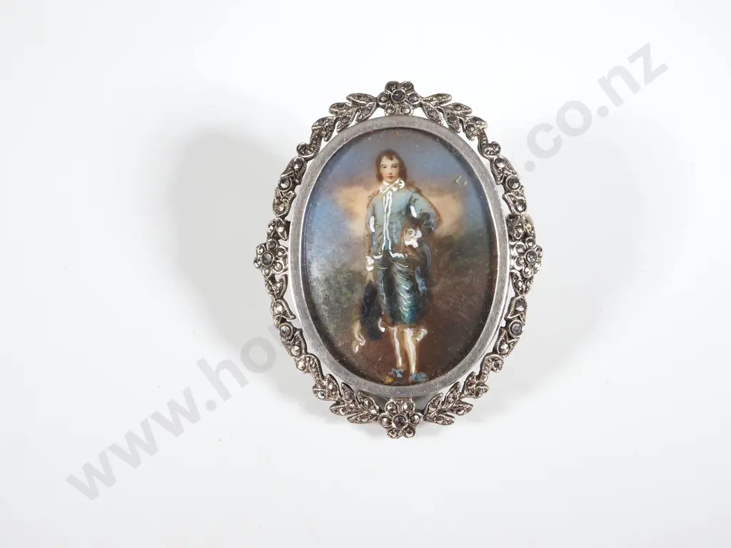 Oval Portrait Miniature Of The Blue Boy In A Sterling Silver Marcasite Frame Image 1++