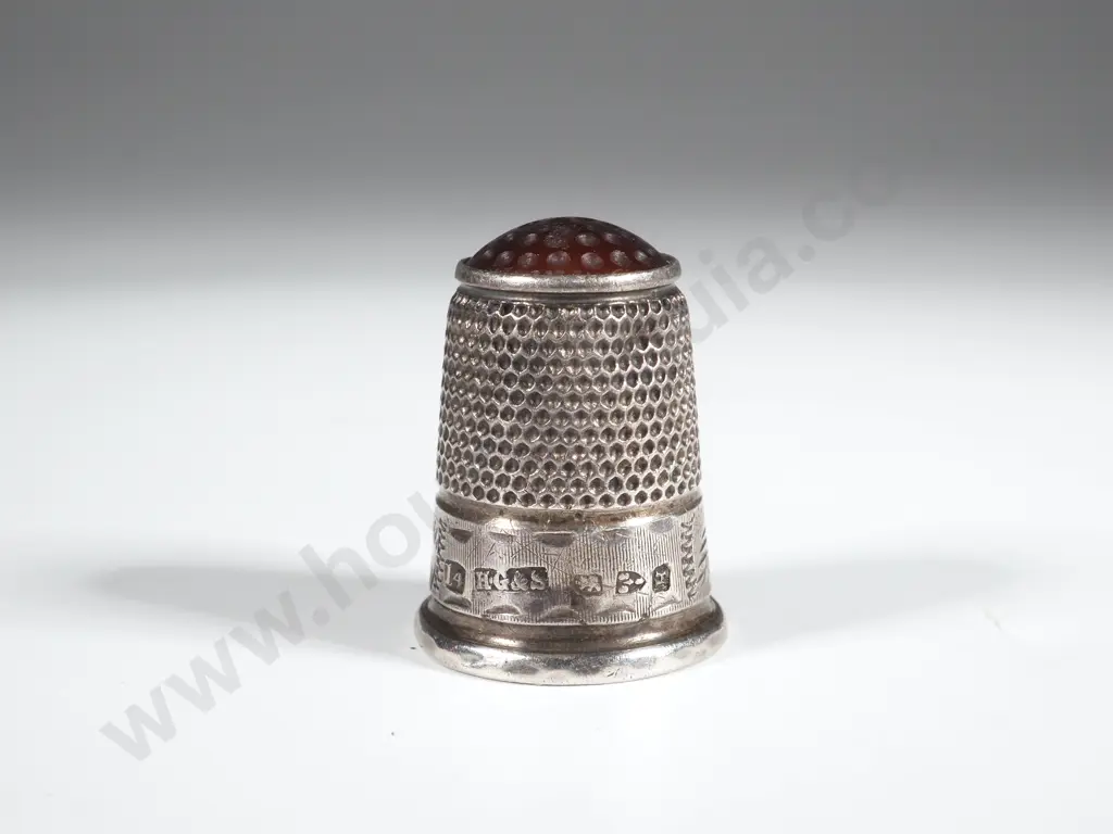 Sterling Silver Thimble with Red Cabochon Tip . Maker HG&F Image 1++