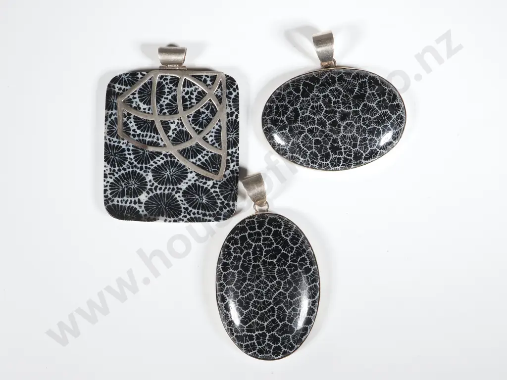 Three Sterling Silver &  Faux Fossil Pendants  Image 1++