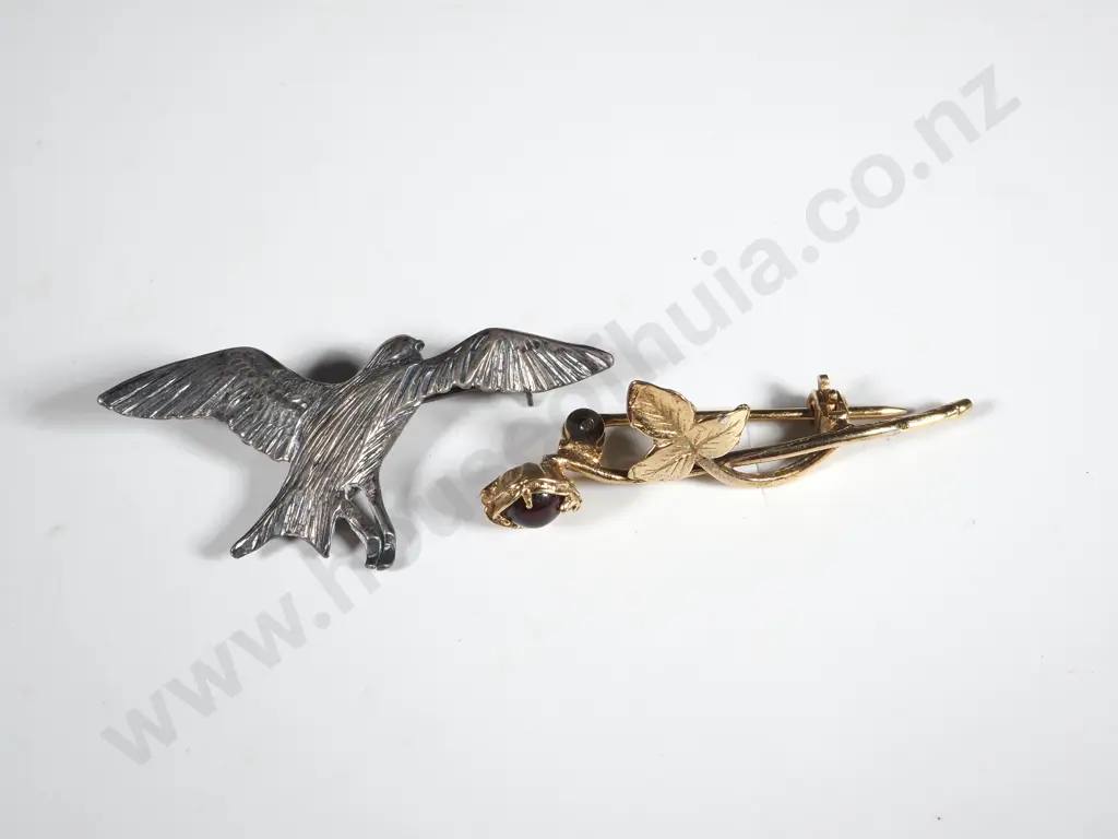 Sterling silver Brooch In The Form Of A Bird In Flight & A Floral Silver Gilt Brooch w Red Cabochon Stone Image 1++