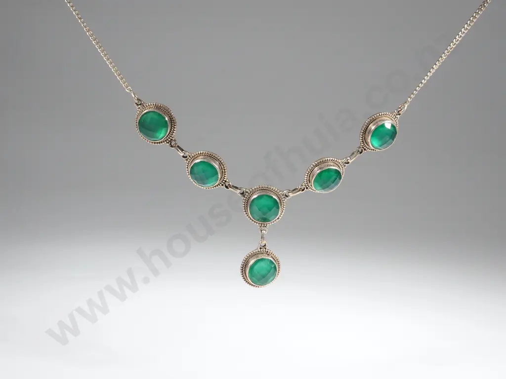 Sterling Silver Faceted Green Gem Necklace & Earrings Image 1++