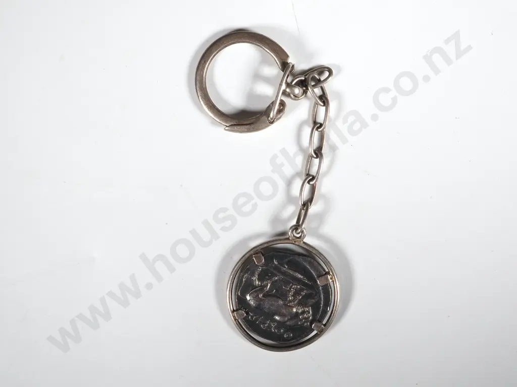 Sterling Silver Coin Key Ring with Reproduction Roman Coin inset. Roman Emperors Head in Relief & Bull Verso Image 1++