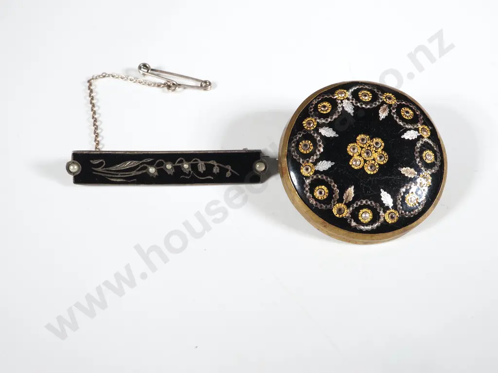 Black Enamel & Seed Pearl Bar Brooch & A Circular Enamel Brooch w Gold & Silver Decoration Image 1++