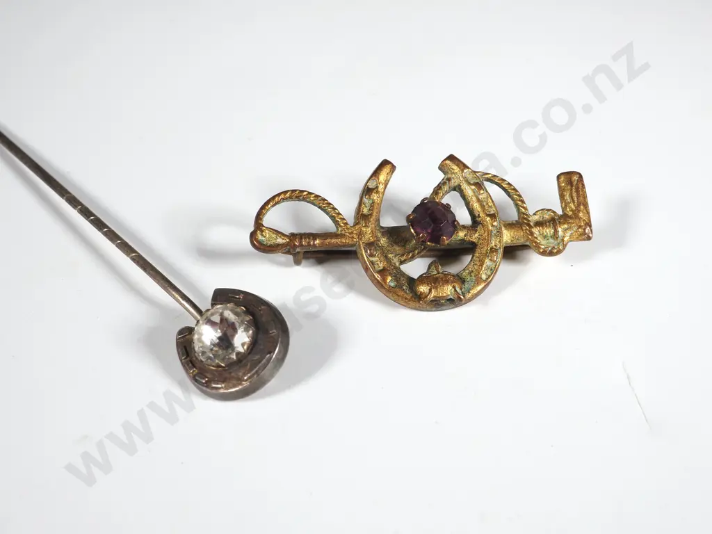 Stick Pin w White Stone & Gilt Horseshoe Brooch w Purple Stone Image 1++