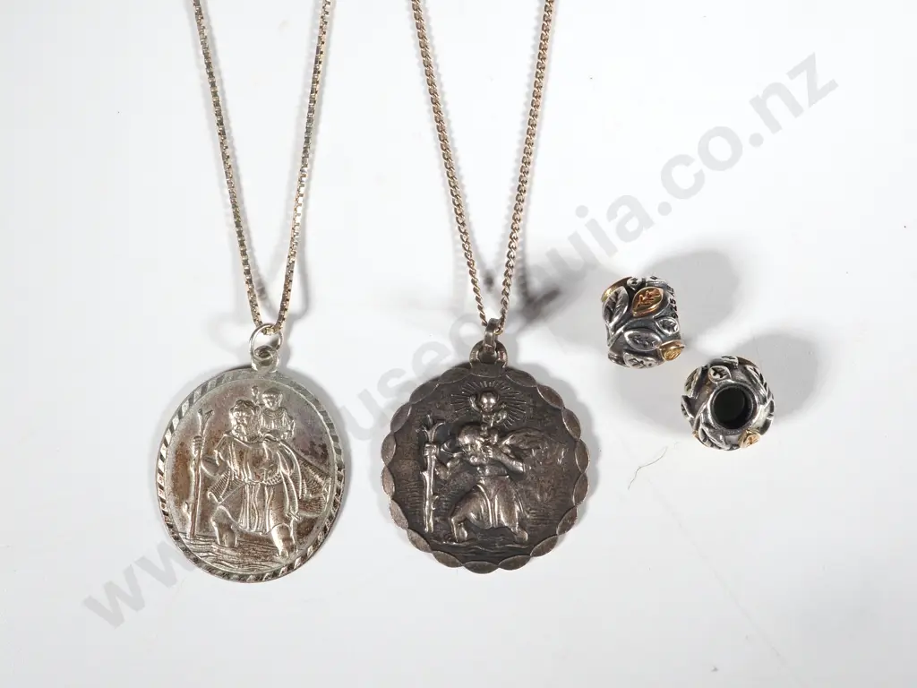 Sterling Silver St Christophers x 2 with Chains & Two Modern Silver Charms Image 1++