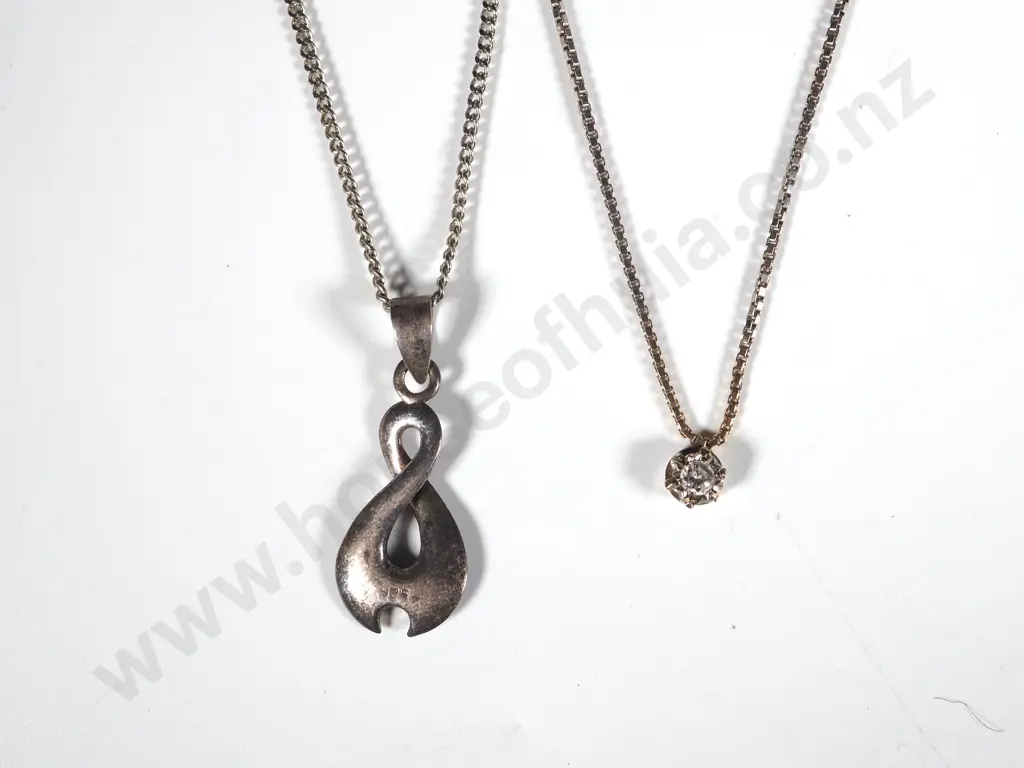 Sterling  Silver Box Link Chain & White Stone Pendant & a Sterling Silver Infinity Pendant w Chain Image 1++