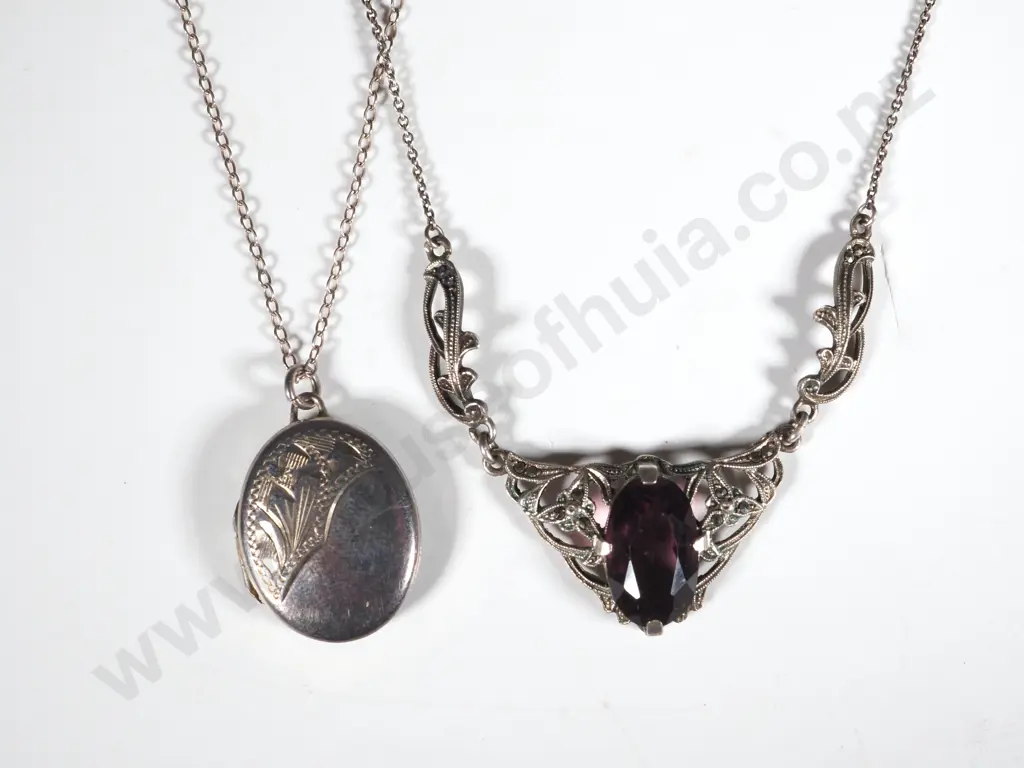 Art Nouveau Sterling Silver & Purple Stone Choker Pendant  Image 1++