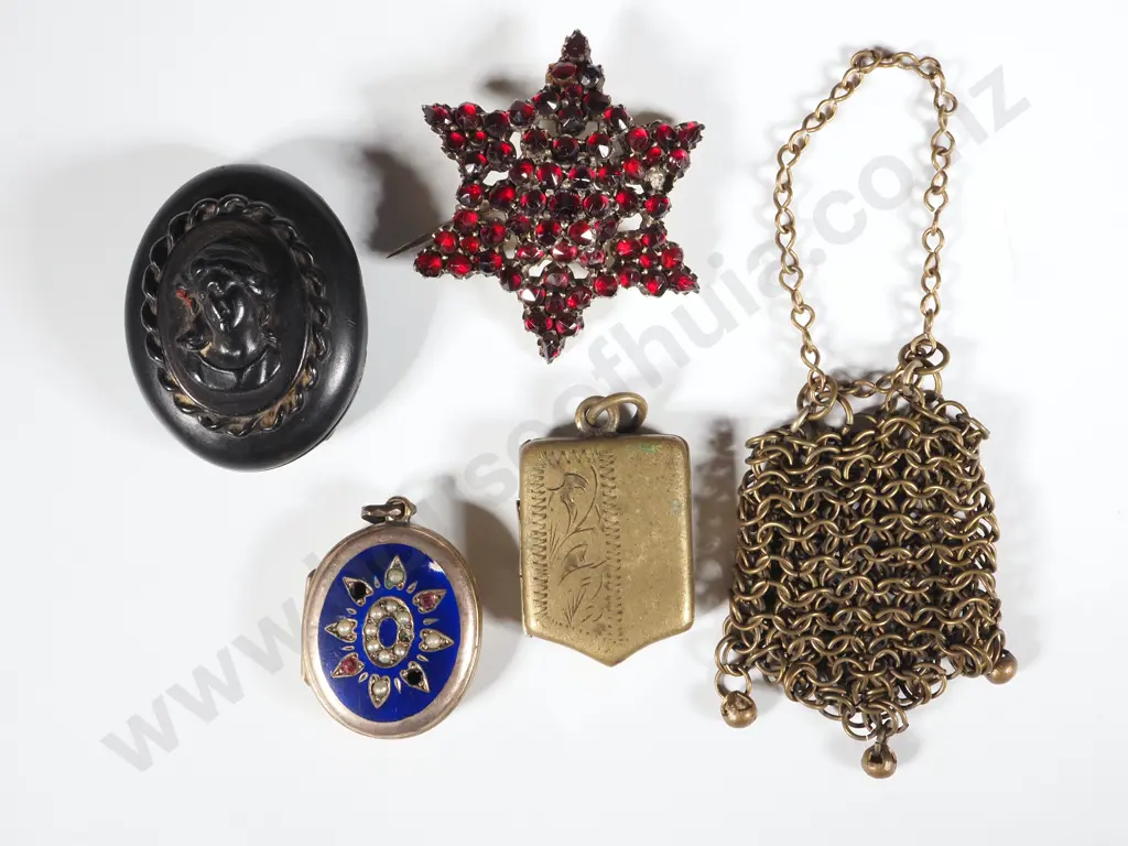 Three Vintage Lockets, Bohemian Starbust Brooch w Garnets & A  Mesh Chatelaine Item Image 1++