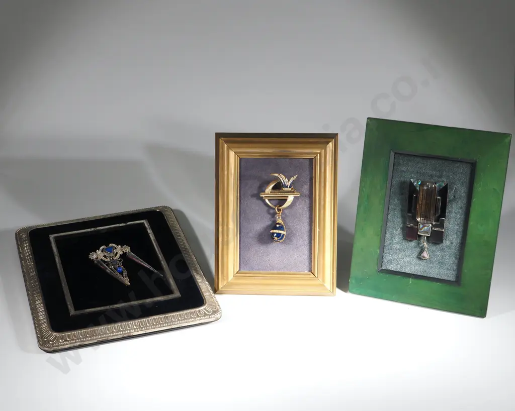 Three Original Artworks by Gail Trewenack Including Green Frame with Geometric Black Paua Shell Brooch Image 1++