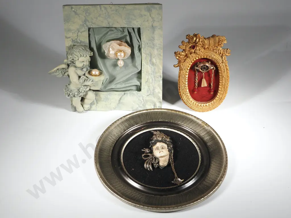 Three Original Artworks by Gail Trewenack Including Green Frame with Cherub & Pearl Brooch Image 1++