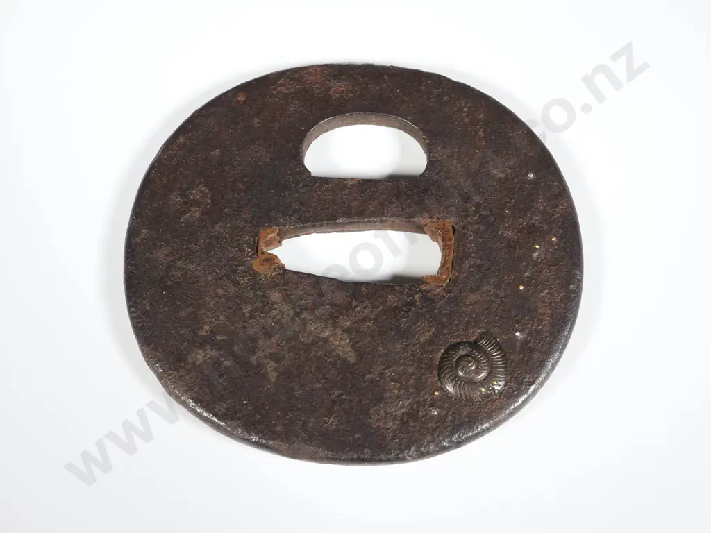 Japanese Iron Tsuba w Gilt Snail Decoration & Silver Dew Drops On Leaves Image 1++