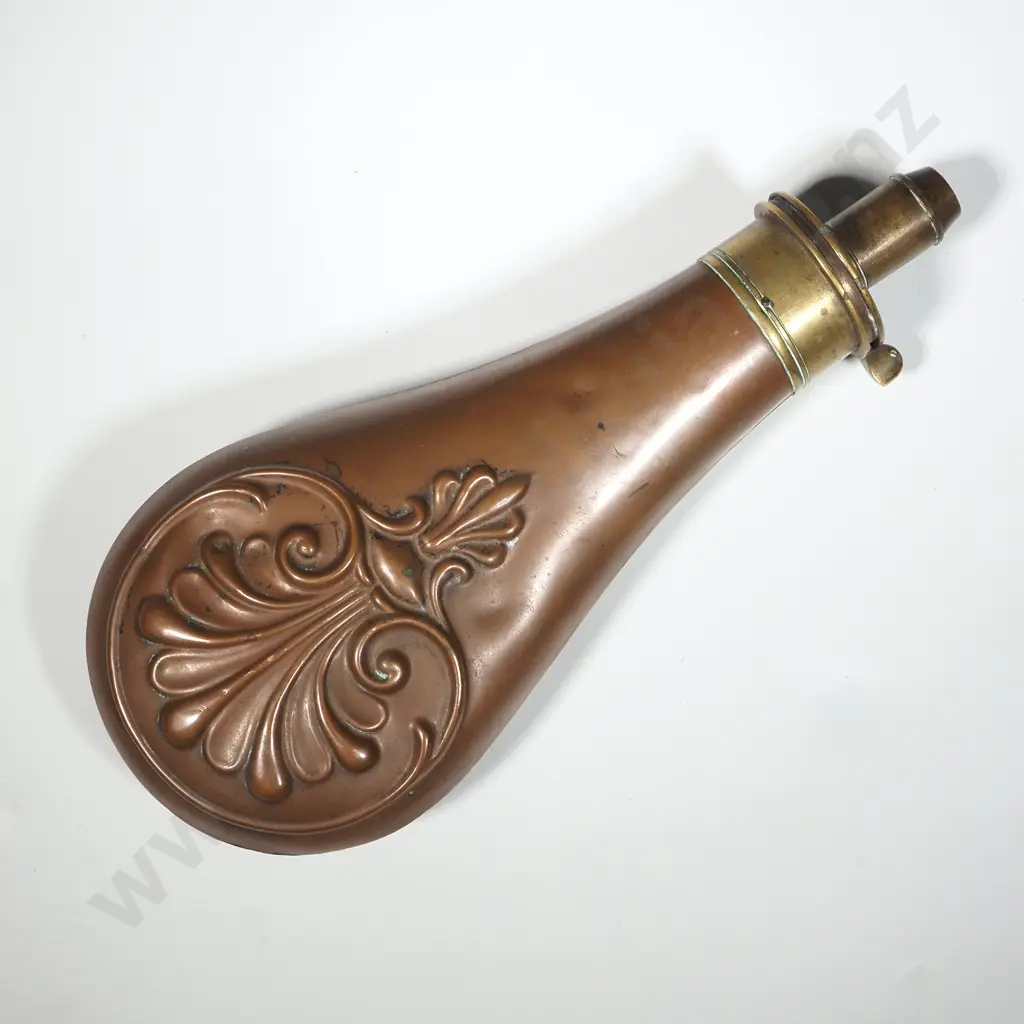 Embossed Copper/Brass Powder Flask. Image 1++