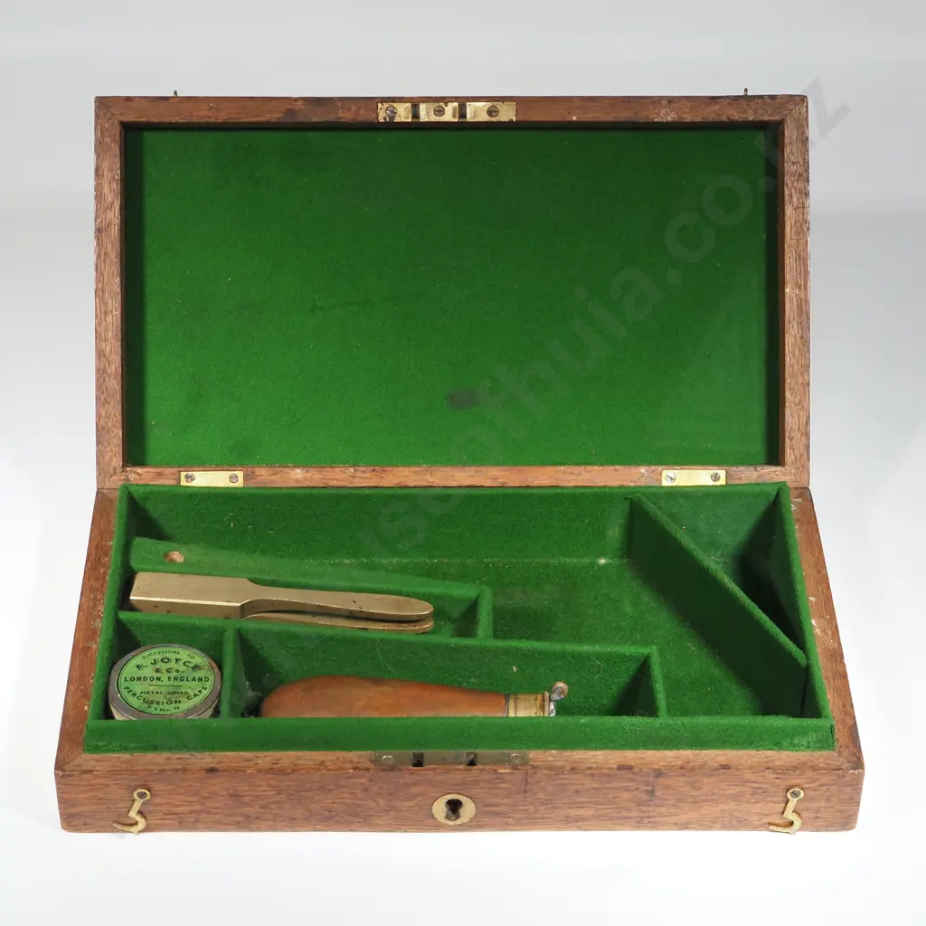 English Manufacture Pistol Case w Bullet Mould / Bag Flask A/F / Tin of Caps - Relined Image 1++