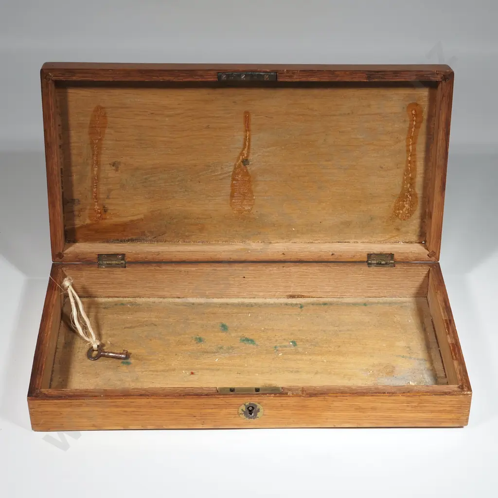Antique Oak Pistol Case w Interior Removed - Key Present Image 1++