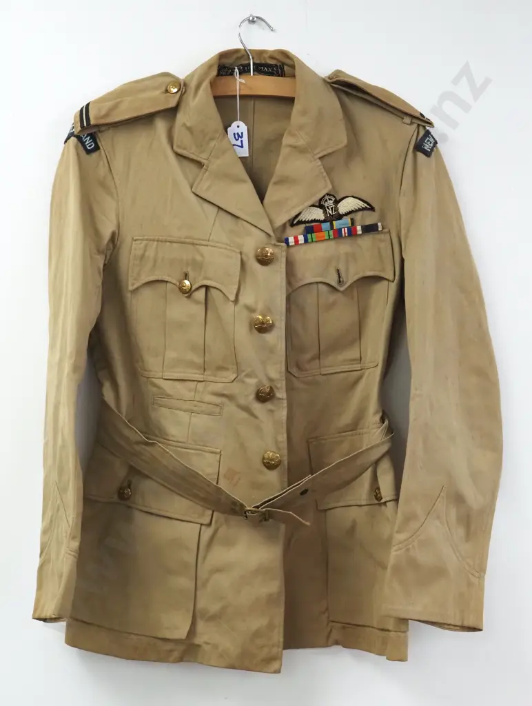 Post WWII RNZAF Khaki Bush Jacket w Kings Crown Buttons & Pilots Brevet Medal Ribbons. Image 1++