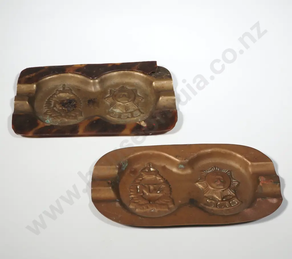 Two Brass Ashtrays - One w Turtle Shell Overlay.  Both Impressed Fiji and Nz Military Badges. Image 1++
