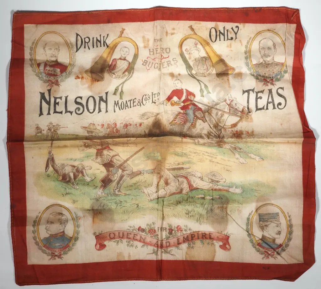Handkerchief Advertising Hero Bugler's 'Drink Only Nelson Moate & Co's Ltd Teas'. Image 1++