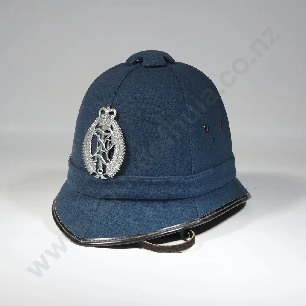 Blue New Zealand Police Helmet w Queens Crown Helmet Plate - One Moth hole Image 1++