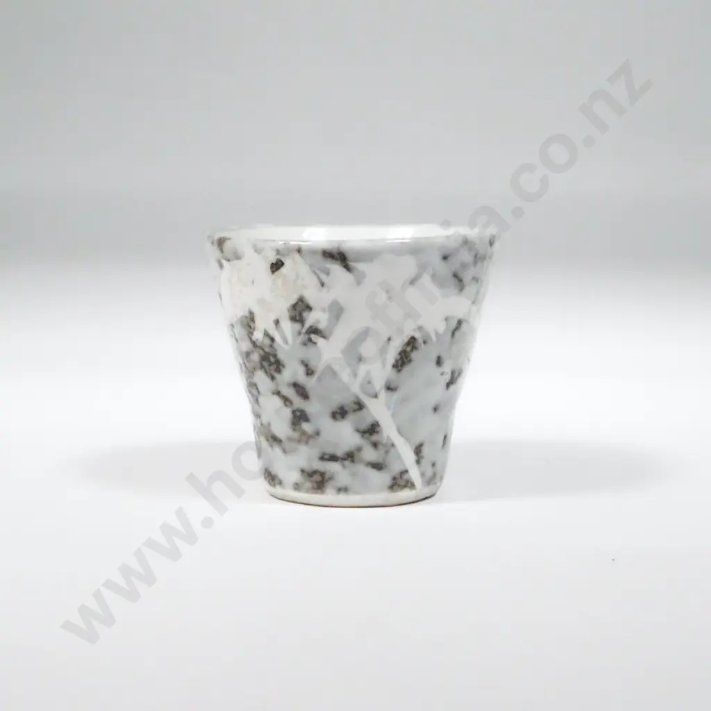 Porcelain Karatsu Guinomi Sake Cup with Heavy Mottled Green & White Glaze. Marked With Japanese Characters To Base Image 1++
