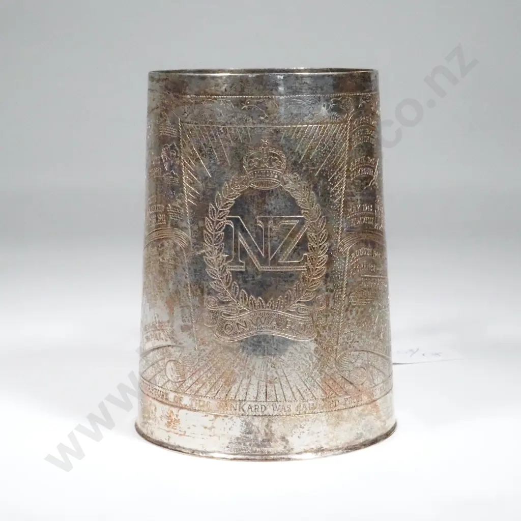 NZ Onward Silvered Brass Tankard Engraved w Mediterranean Regional Map. Image 1++