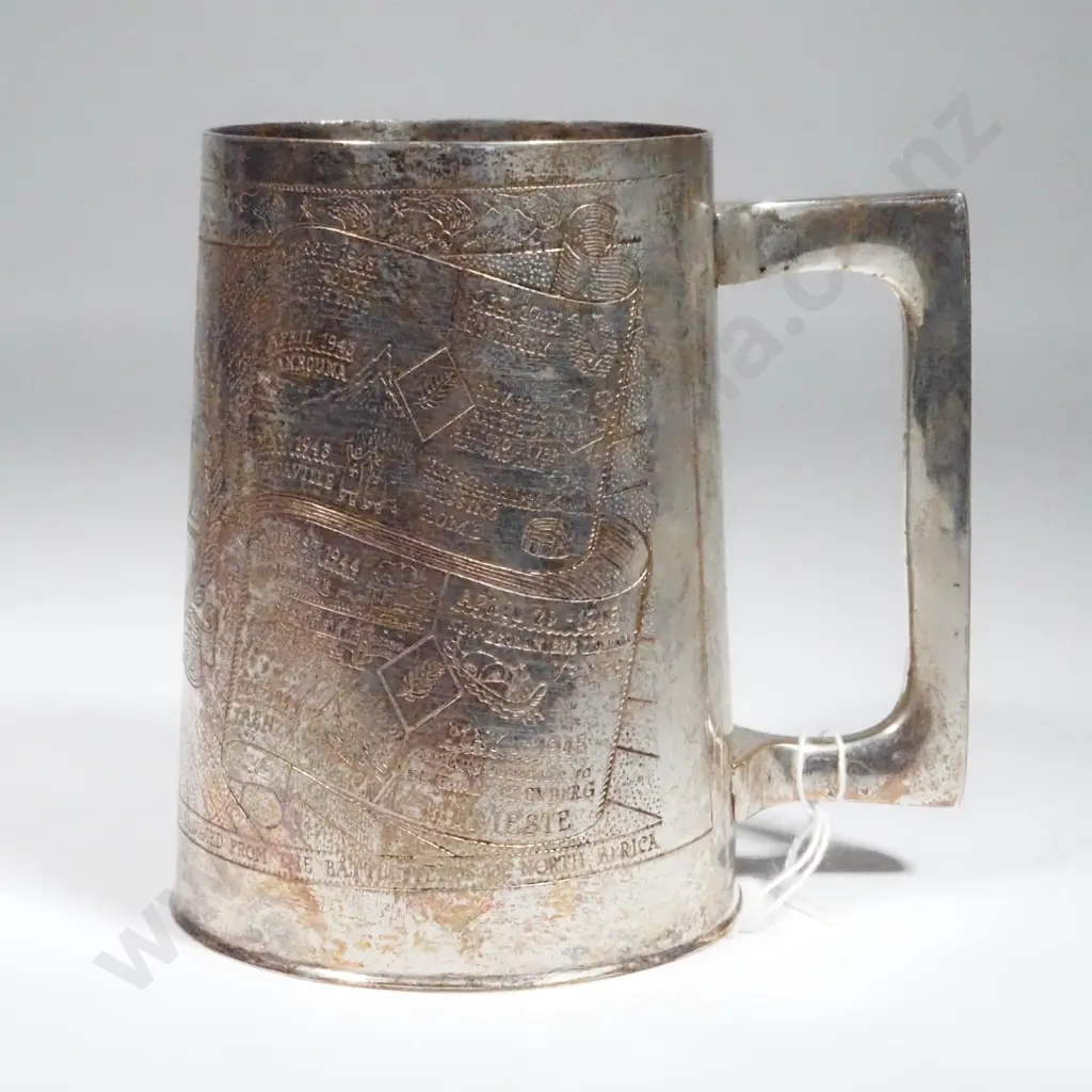 NZ Onward Silvered Brass Tankard Engraved w Mediterranean Regional Map. Image 1++