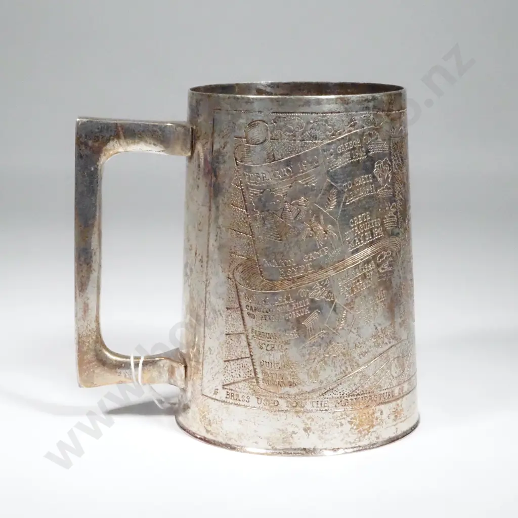 NZ Onward Silvered Brass Tankard Engraved w Mediterranean Regional Map. Image 1++