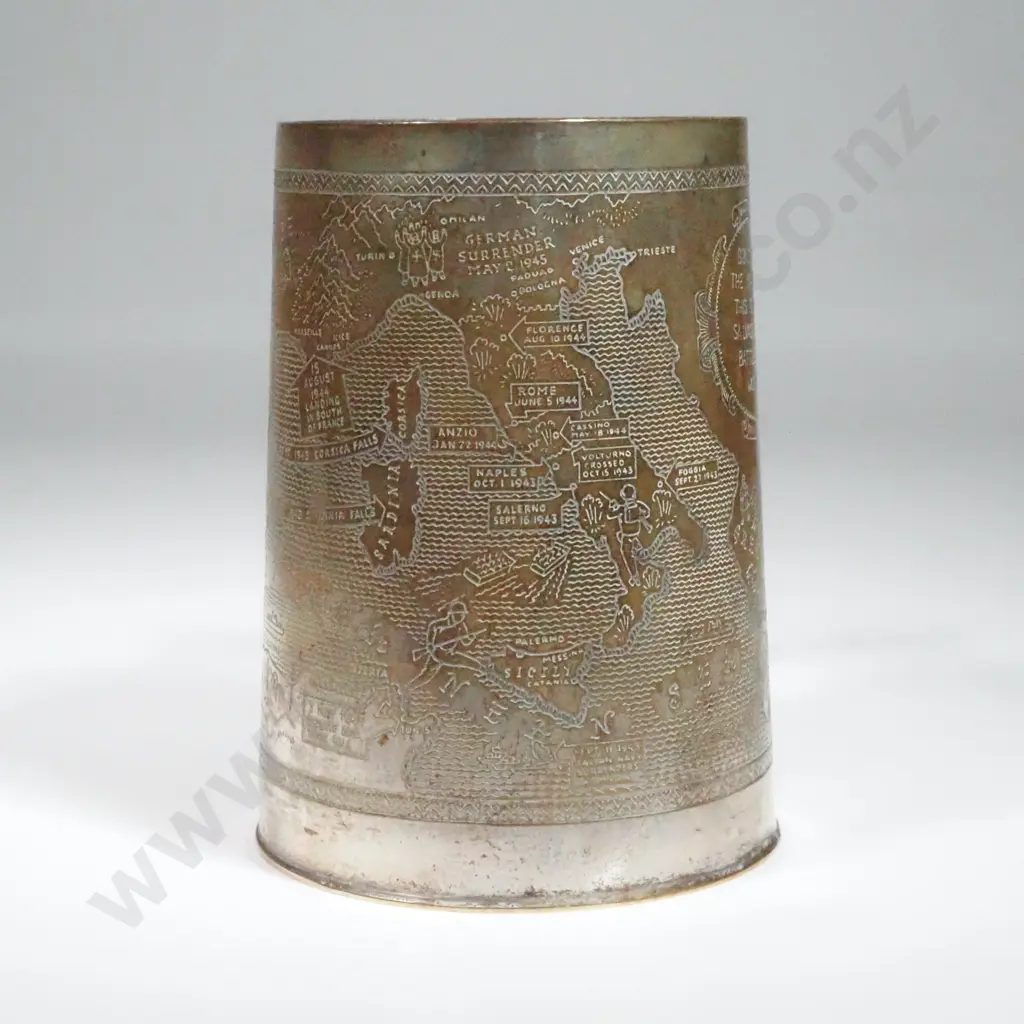 Silvered Brass Tankard Engraved w Mediterranean Regional Map. Image 1++