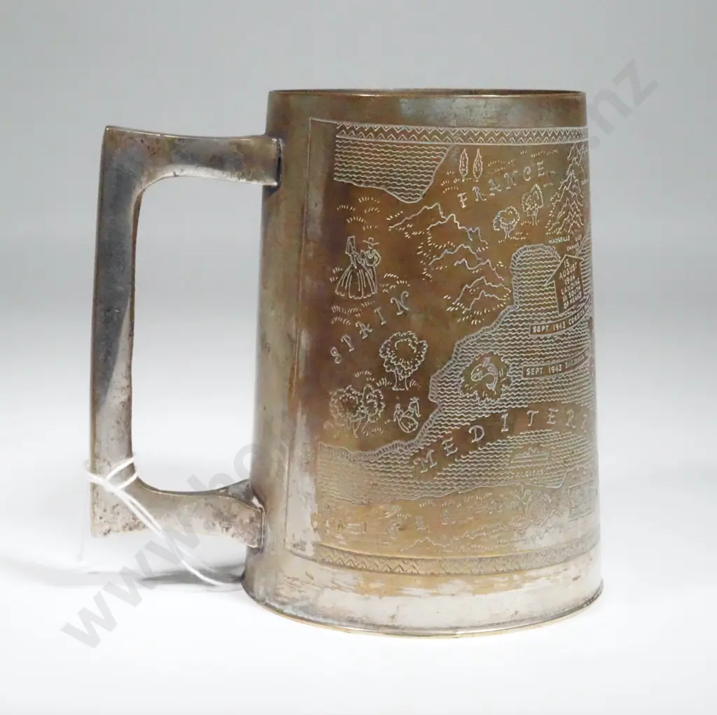 Silvered Brass Tankard Engraved w Mediterranean Regional Map. Image 1++