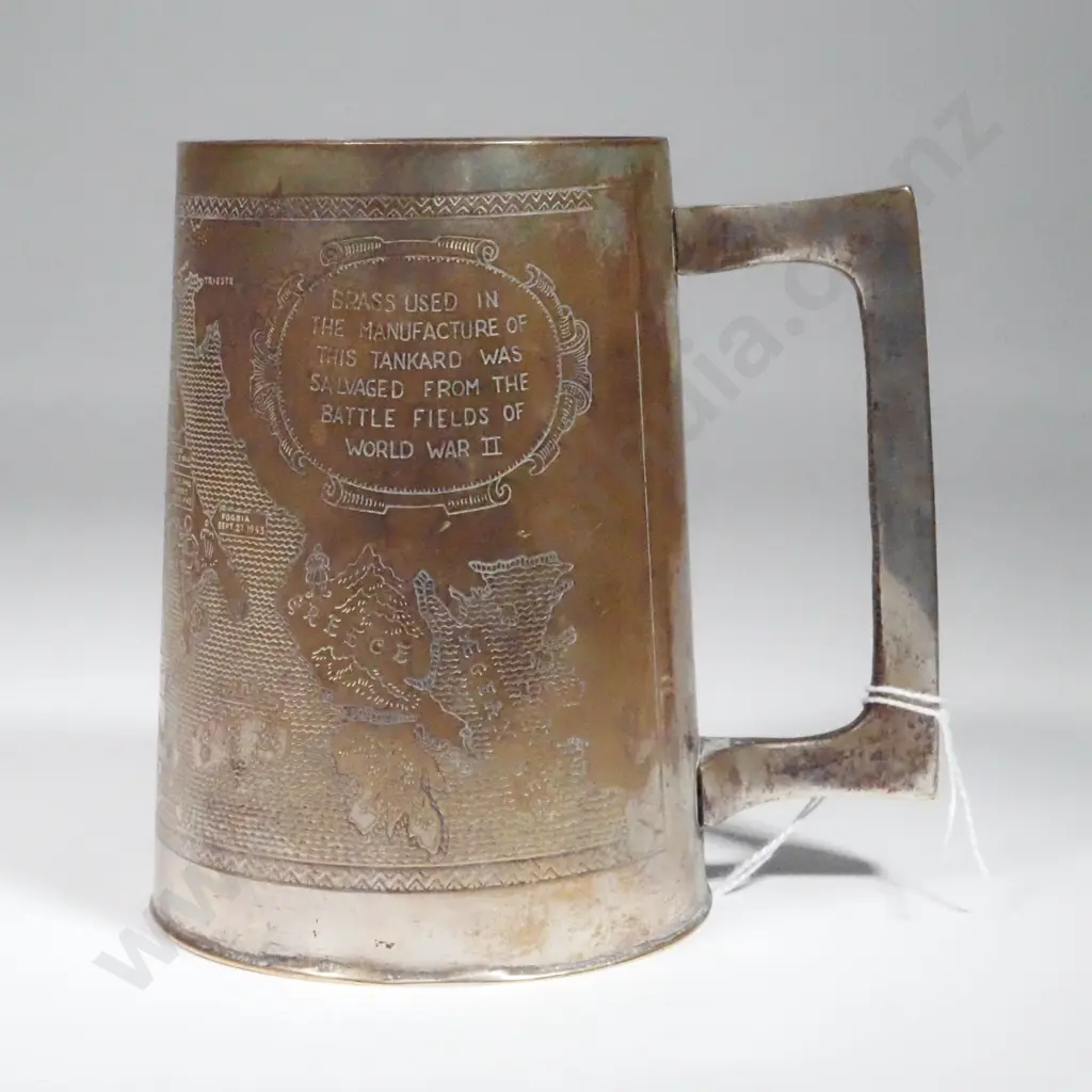 Silvered Brass Tankard Engraved w Mediterranean Regional Map. Image 1++