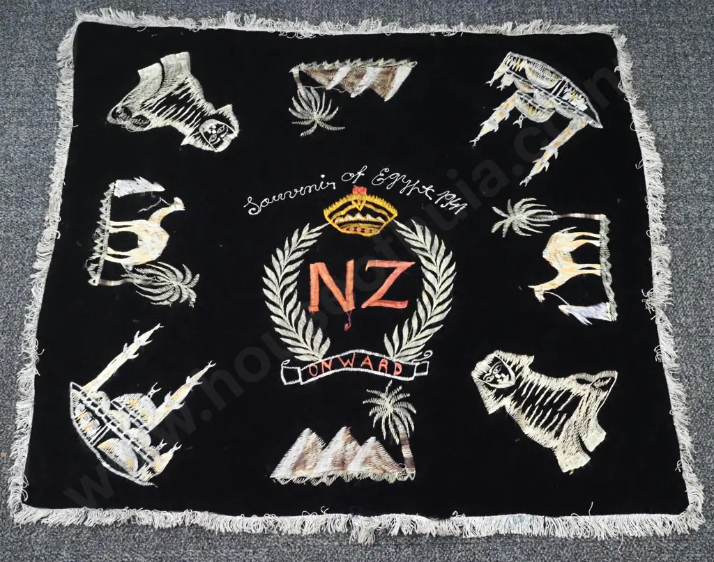 Hand Embroidered NZ Onward Souvenir  of Egypt 1941 Table Cloth. Image 1++