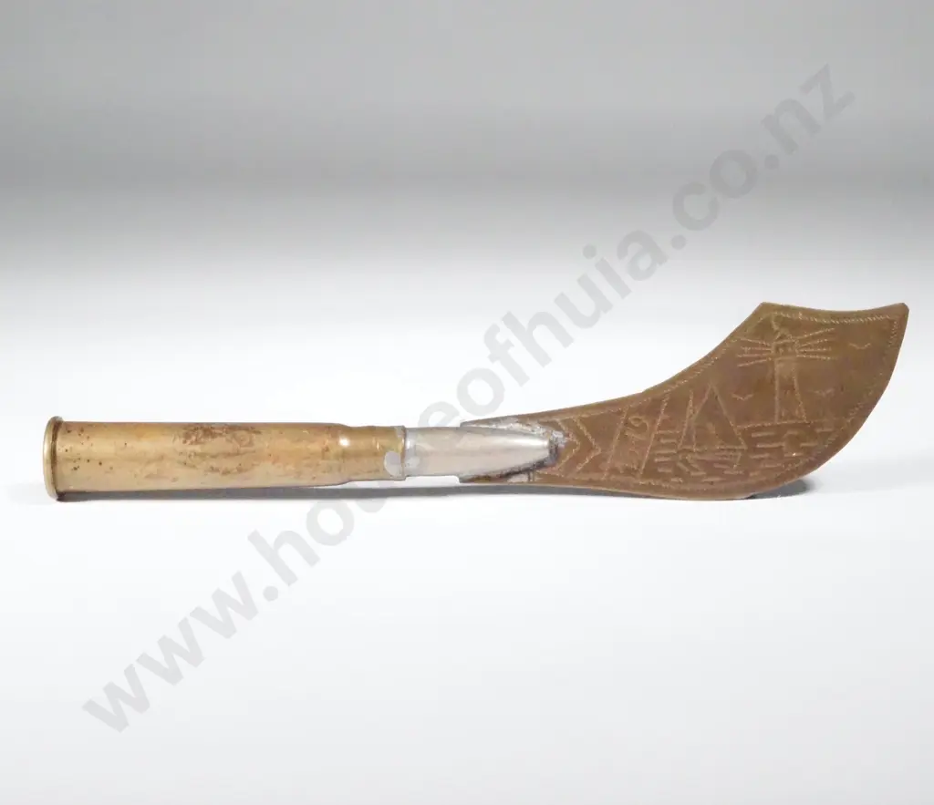 1919 Trench Art - Letter Opener. Annotated 'Loos' w a Lighthouse Scene.. Image 1++