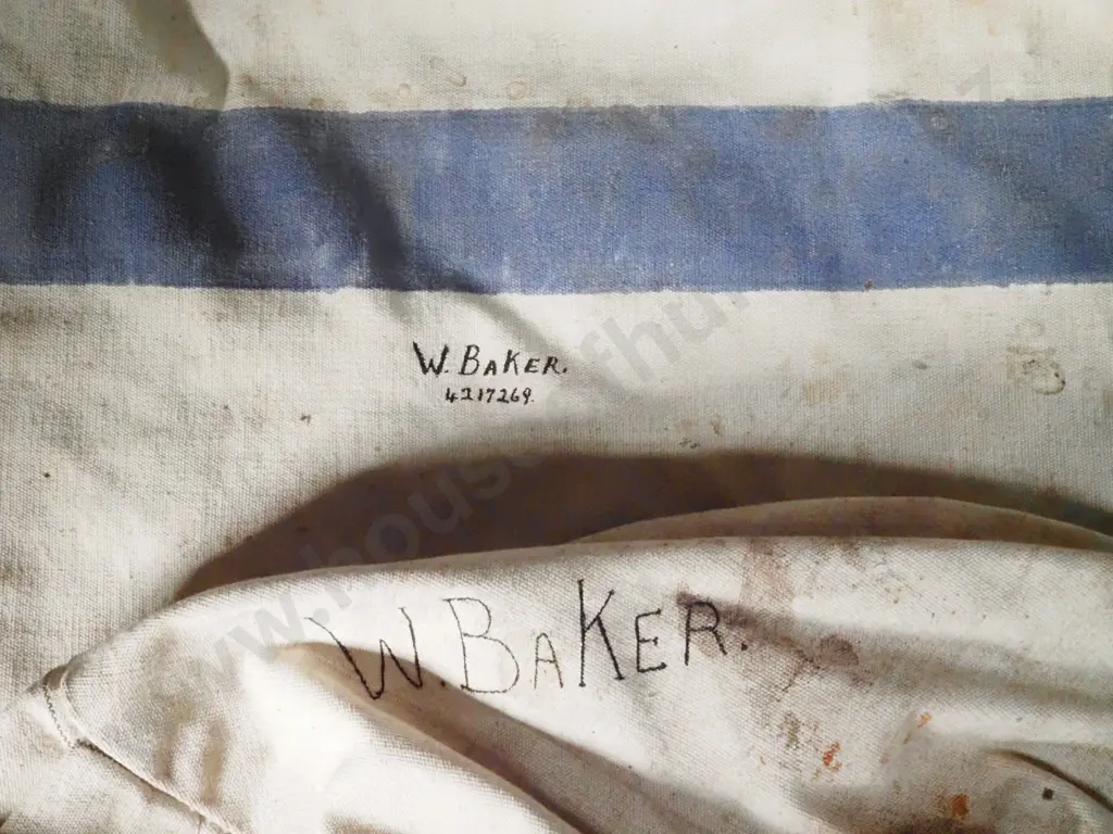 WWII Military Kit Bag Single Blue Stripe. Named W. Baker 4217269. Image 1++