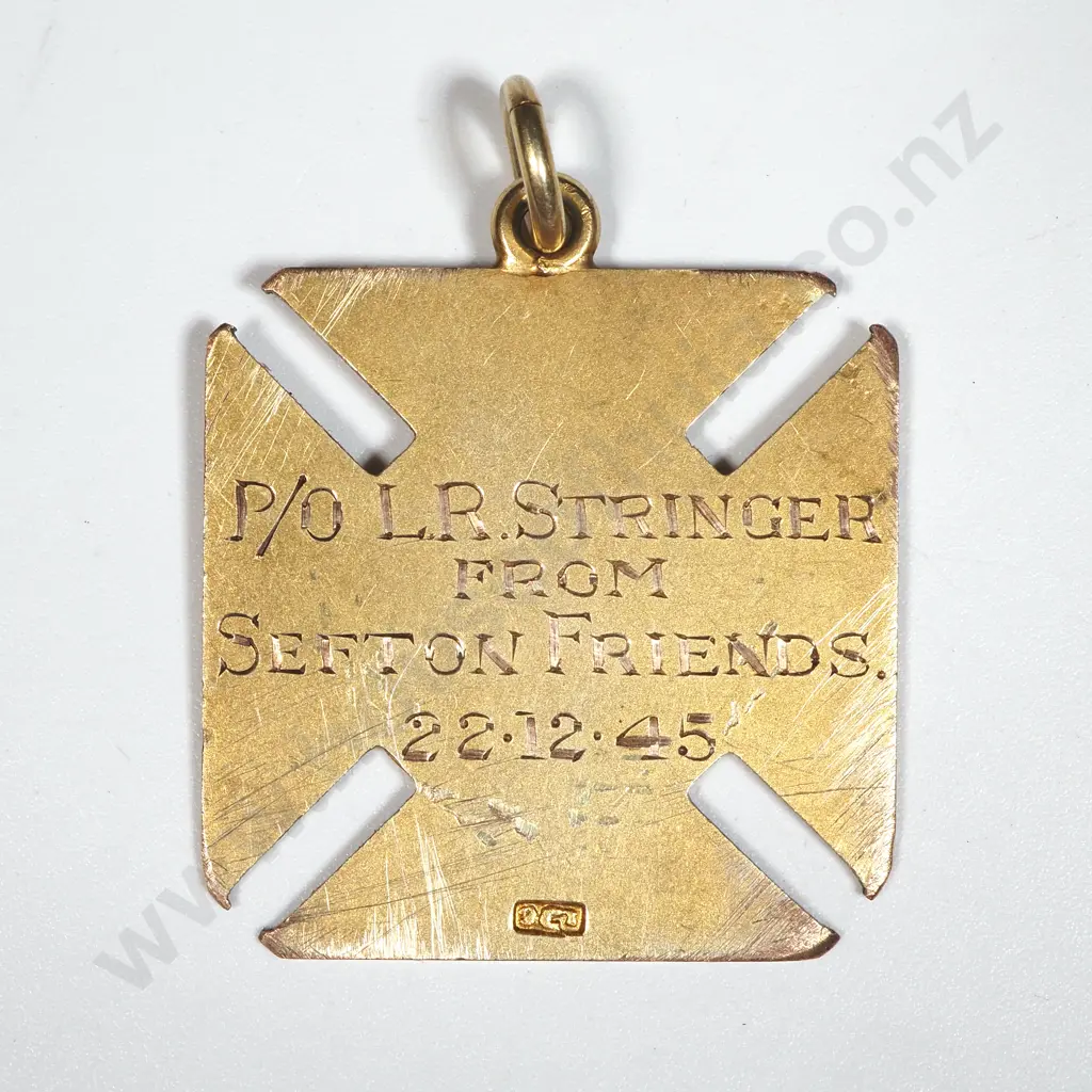 WW2 New Zealand 9ct Gold Return Fob to Pilot Officer L R Stringer from Sefton Friends - Rare RAF Return Fob Image 1++