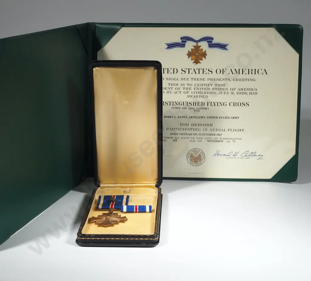 Vietnam War US DFC Certificate to Major Bobby Bates & Unnamed DFC Medal & Oakleaf Cluster for Second Award Image 1++
